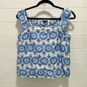 Ann Taylor Factory Embroidered  Blue and White light weight Geometric Blouse